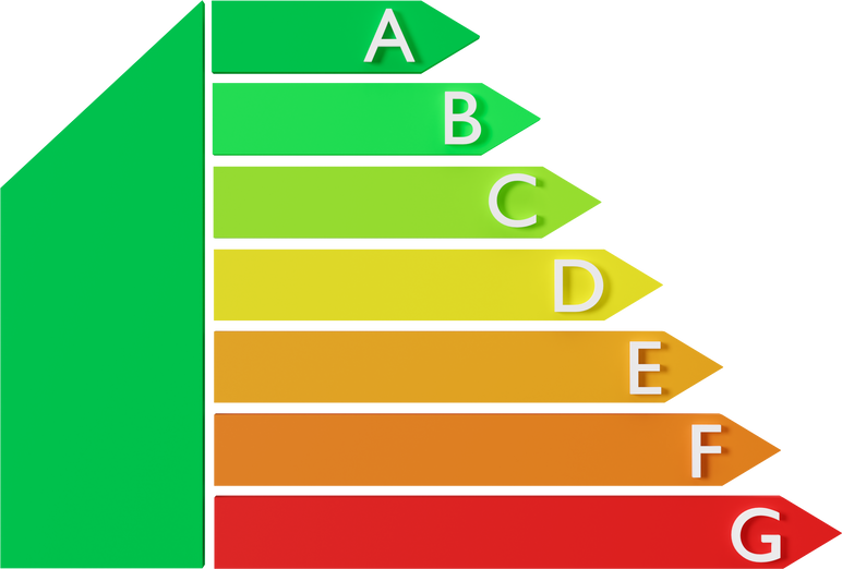 Energy efficiency rating chart cut out on transparent background. PNG. Ecological and bio energetic house. Energy class, performance certificate, rating graph. Eco friendly, energy saving. 3D